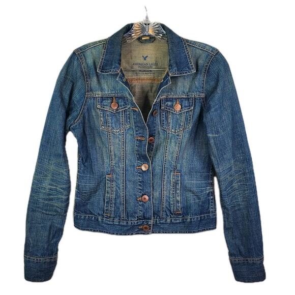 American Eagle Blue Jean Distressed Jacket Denim Trucker Women's Sz Small - Picture 1 of 10
